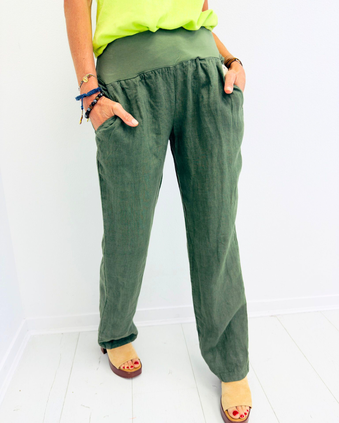 Pantalon lin Alina Kaki